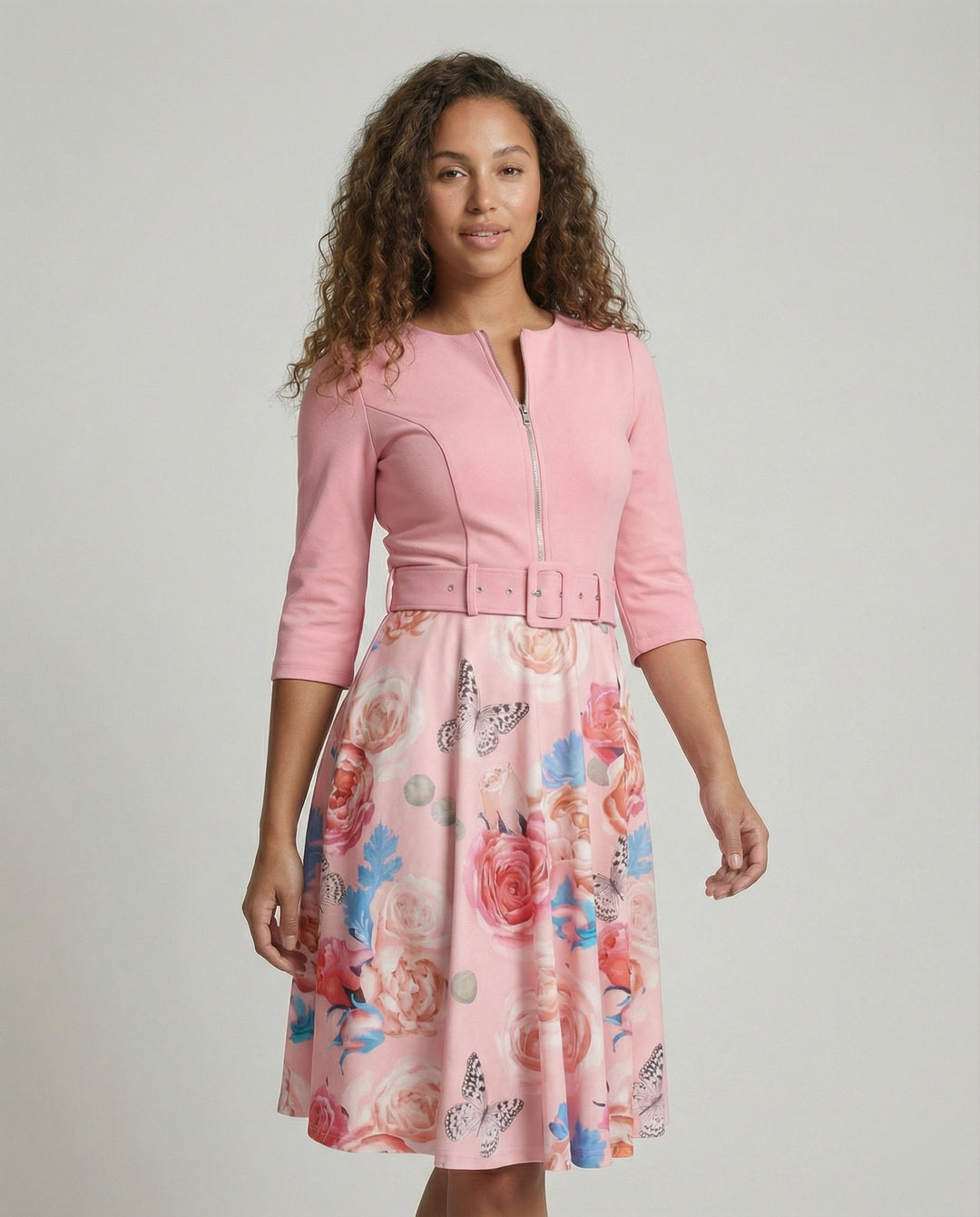 Damen A-Linien Kleid mit tailliertem Gürtel und floralem Muster EB