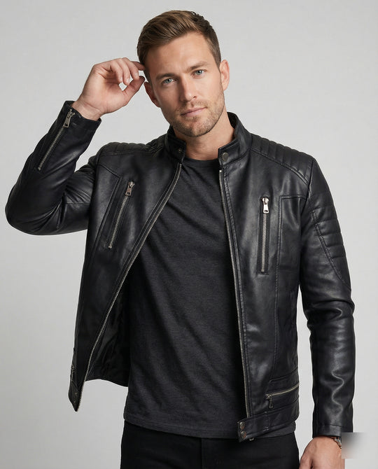 Herren Kunstleder Bikerjacke mit gesteppter Schulter EB