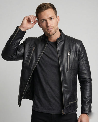 Herren Kunstleder Bikerjacke mit gesteppter Schulter EB
