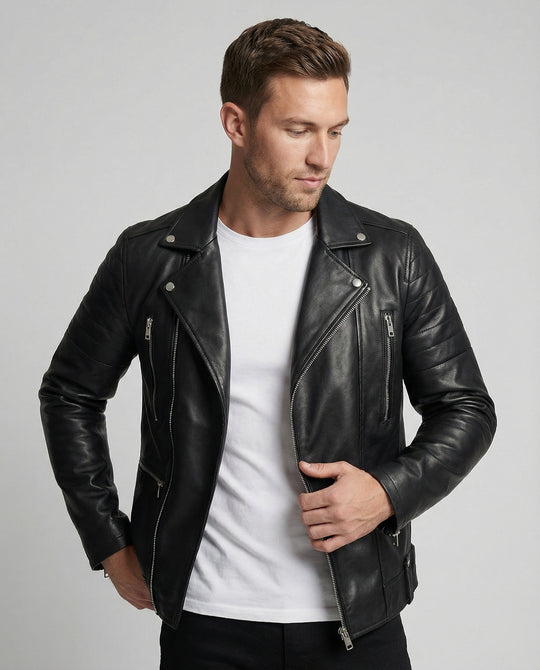 Herren Kunstleder Motorradjacke mit Reißverschluss EB