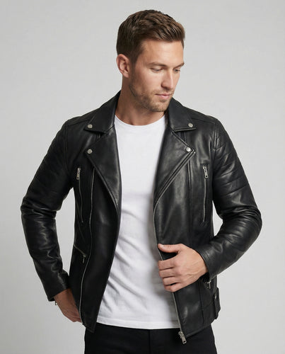 Herren Kunstleder Motorradjacke mit Reißverschluss EB