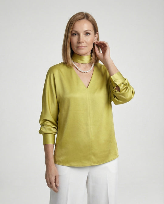 Damen Satinbluse elegant mit Stehkragen