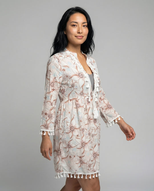 Damen Strandkleid mit hohem Kragen und romantischem Blumenmuster EB