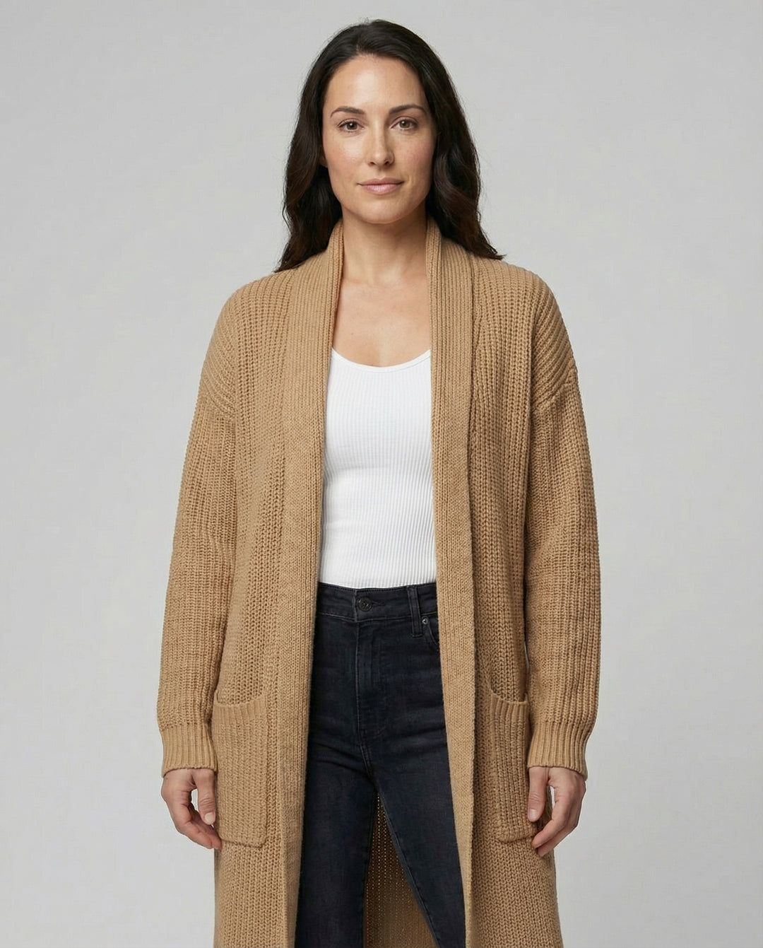 Damen Strickmantel mit Tiefem V-Ausschnitt und Seitlichen Eingrifftaschen EB
