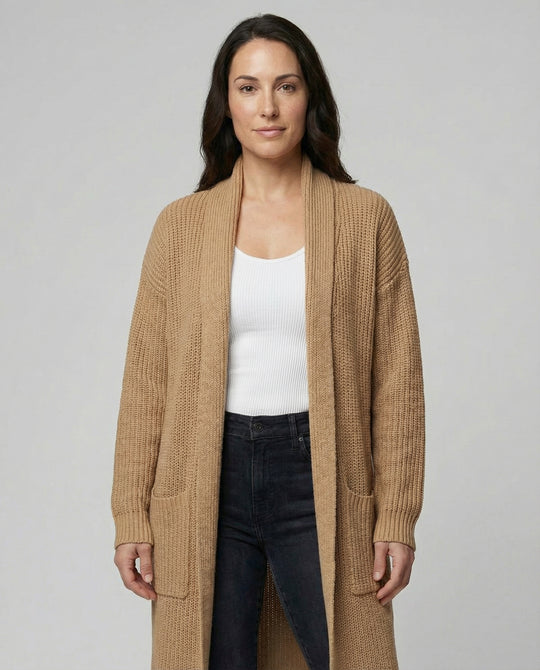 Damen Strickmantel mit Tiefem V-Ausschnitt und Seitlichen Eingrifftaschen EB
