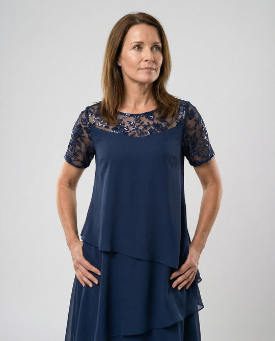 Damen Elegantes Schichtkleid mit Spitzenärmel und asymmetrischem Saum EB