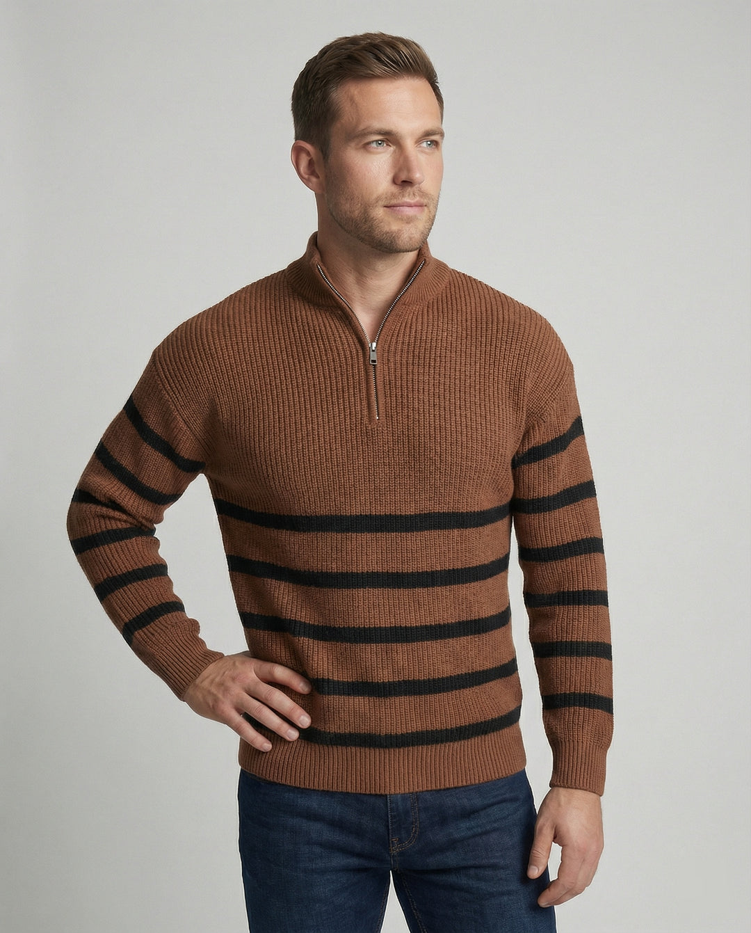 Herren Strickpullover mit modernem Halbreißverschluss und gestreiftem Design EB