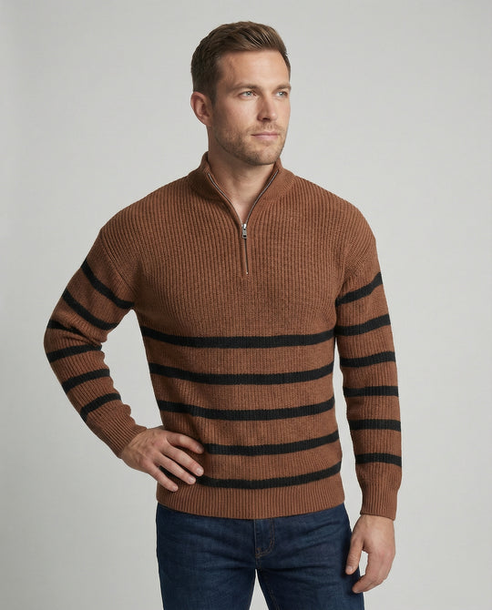 Herren Strickpullover mit modernem Halbreißverschluss und gestreiftem Design EB