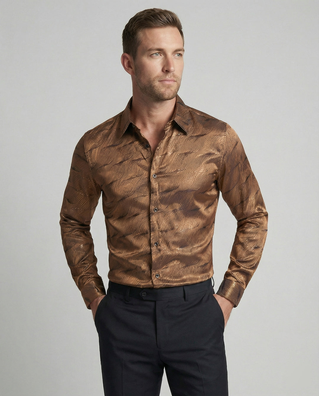 Herren Elegantes Langarmhemd mit modernem Wellenmuster und glänzender Oberfläche EB