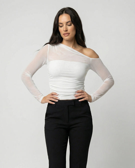 Damen Elegantes asymmetrisches Oberteil mit schulterfreiem Design und Raffung EB