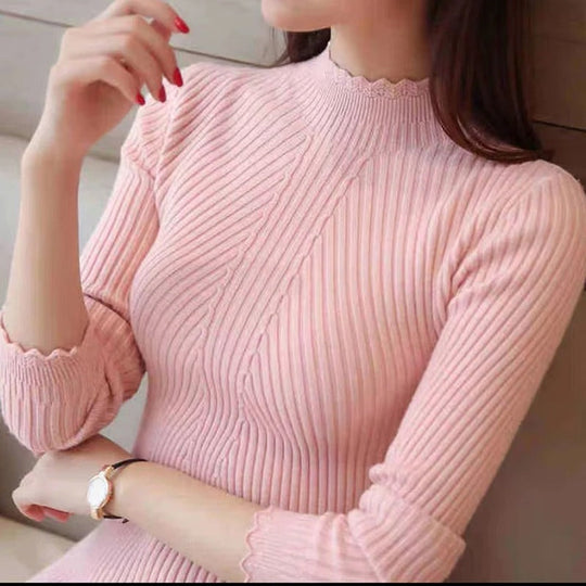 EB | Jumper - Damen Herbst Hoher Kragen Rippstrickpullover