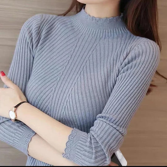 EB | Jumper - Damen Herbst Hoher Kragen Rippstrickpullover