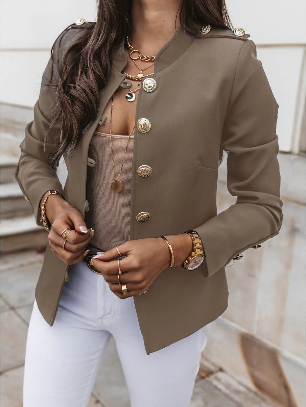 EB | Eleganter O Ausschnitt Blazerjacke mit Langen Ärmeln