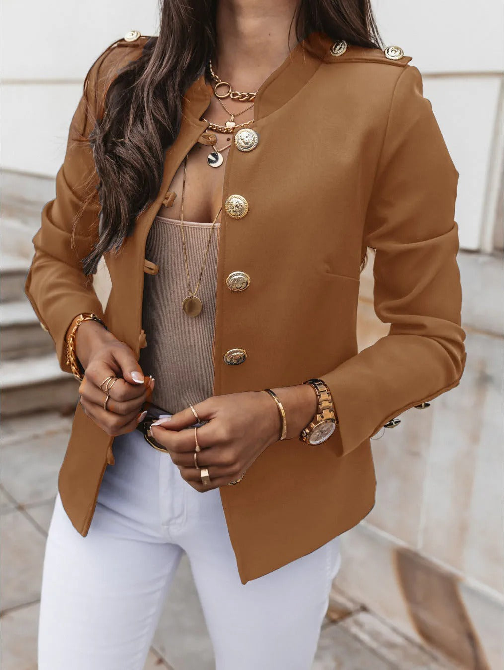 EB | Eleganter O Ausschnitt Blazerjacke mit Langen Ärmeln