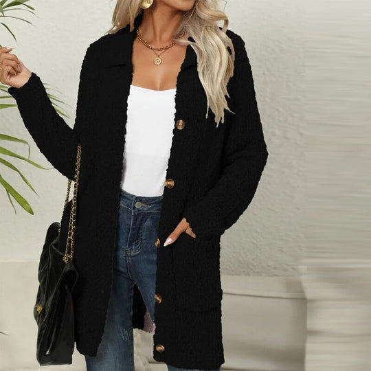EB | Lange Teddyjacke mit Knopfverschluss Fleece Weich und Warm