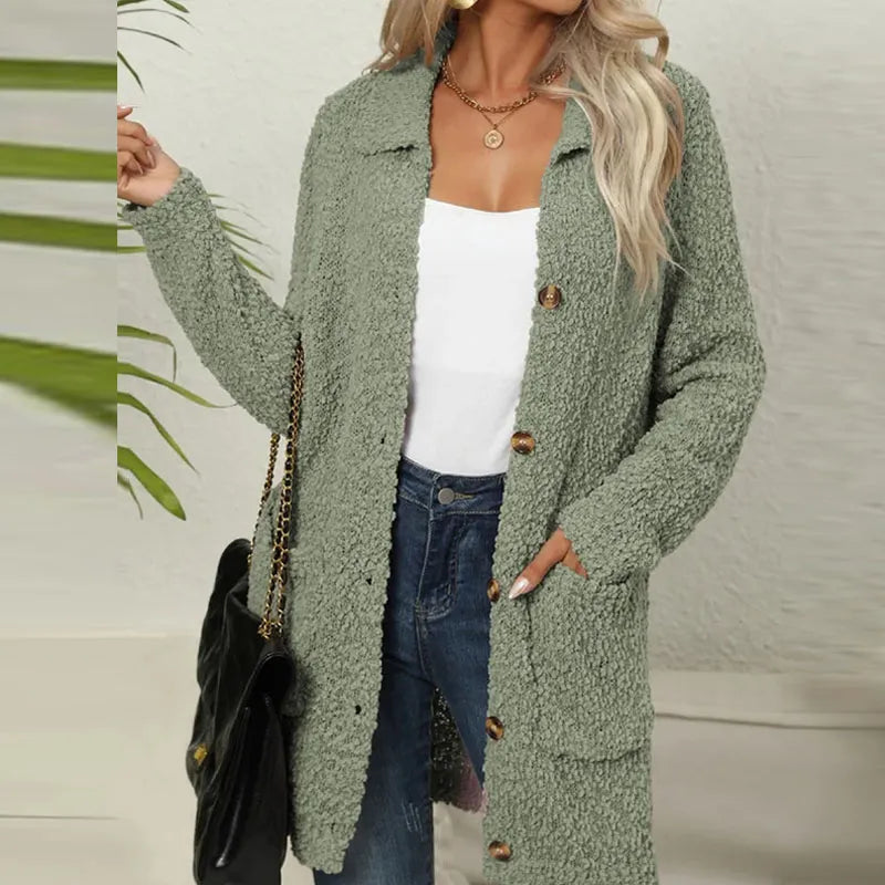 EB | Lange Teddyjacke mit Knopfverschluss Fleece Weich und Warm