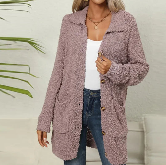 EB | Lange Teddyjacke mit Knopfverschluss Fleece Weich und Warm