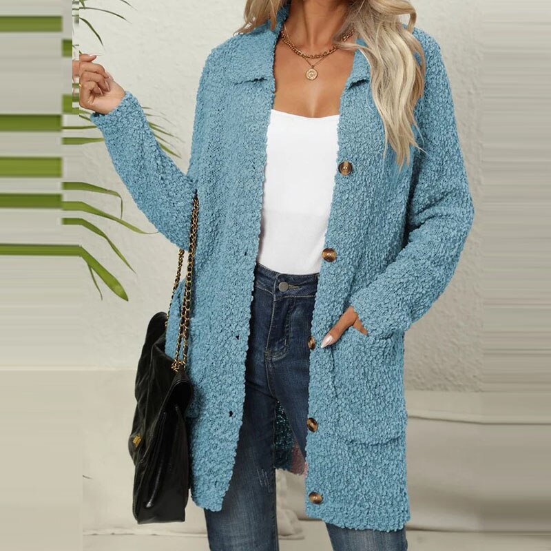 EB | Langes Strickgilet Aus Weichem Fleece-Stoff mit Taschen für Frauen