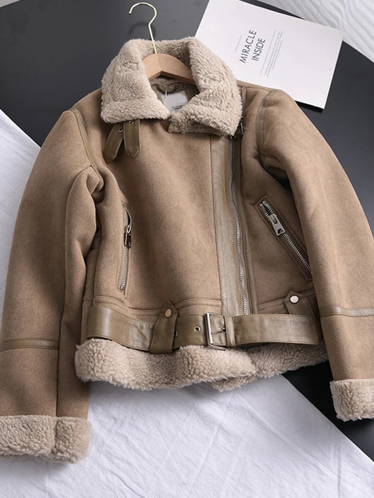 EB | Damen Lederjacke Mit Shearling Futter Asymmetrischer Reißverschluss Gürtel