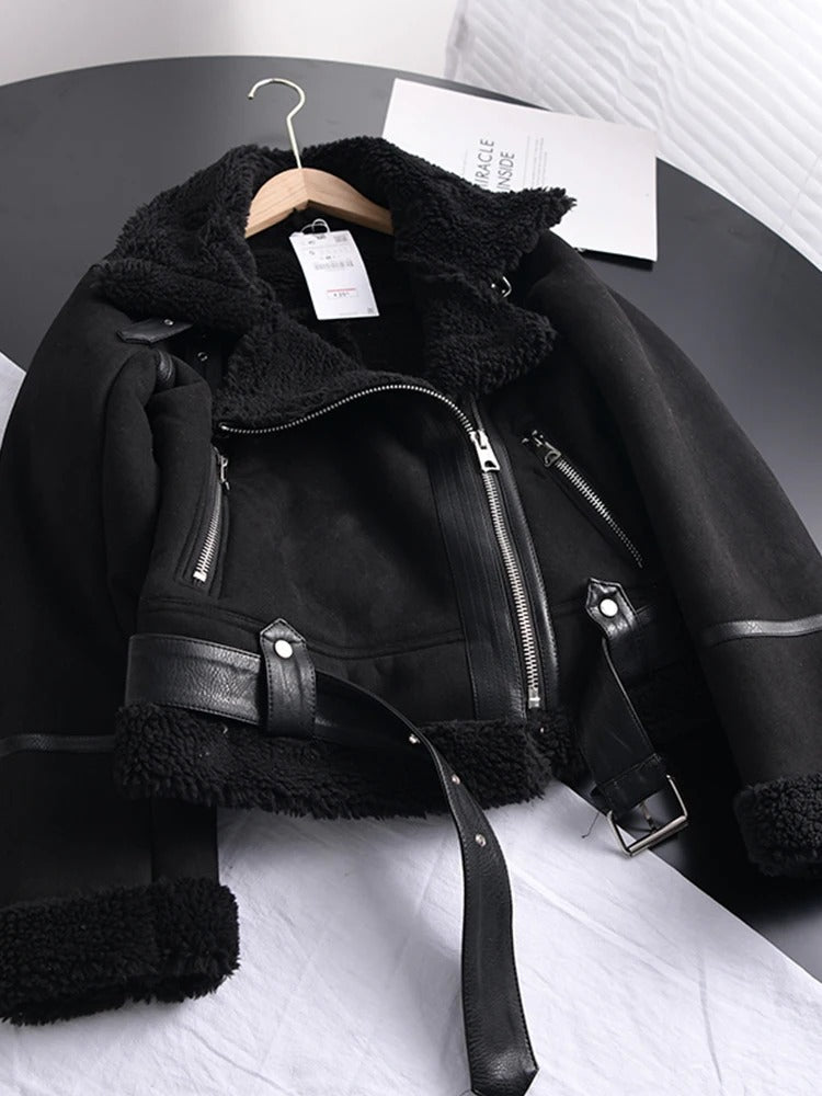 EB | Damen Lederjacke Mit Shearling Futter Asymmetrischer Reißverschluss Gürtel