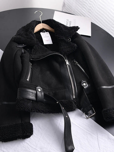 EB | Damen Lederjacke Mit Shearling Futter Asymmetrischer Reißverschluss Gürtel