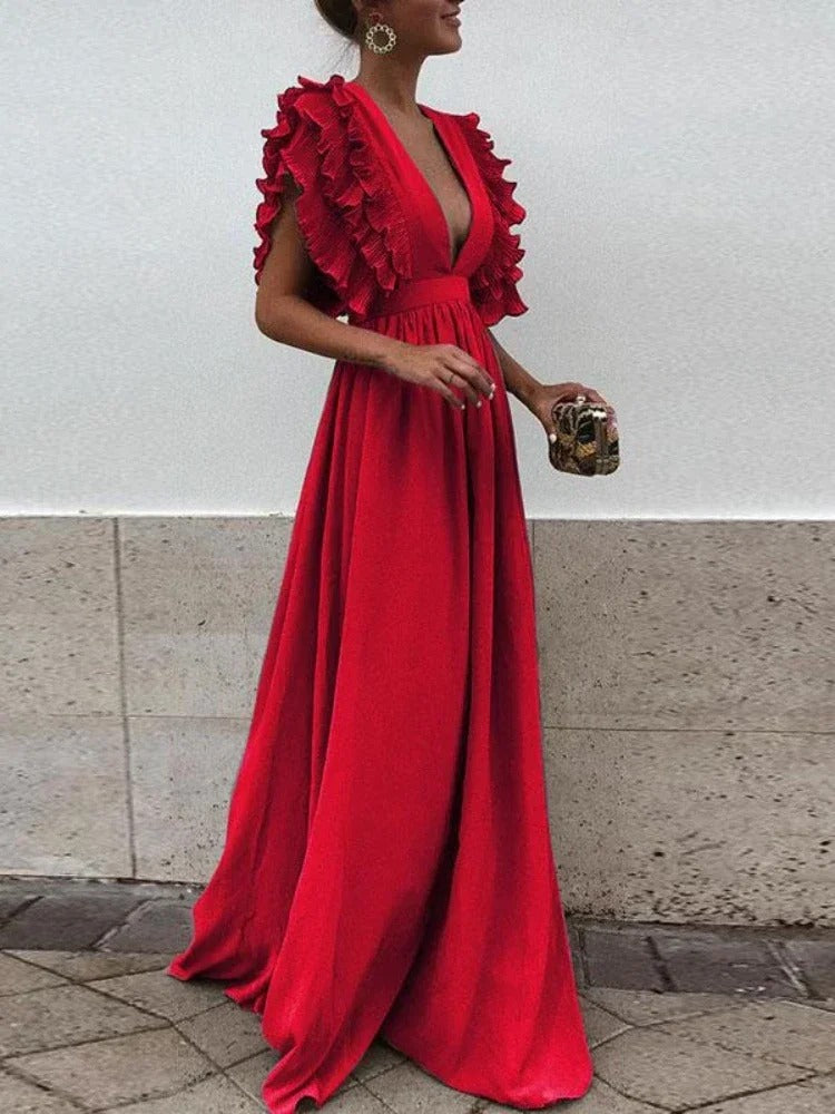 EB | Elegantes Kleid mit V-Ausschnitt und Rüschensäumen