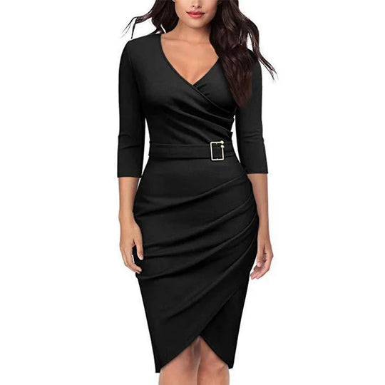 Kleid | Stilvolles Kleid mit V-Ausschnitt, hoher Taille, Gürtel und 3/4-Ärmeln für Damen, geeignet für Büro oder Partys