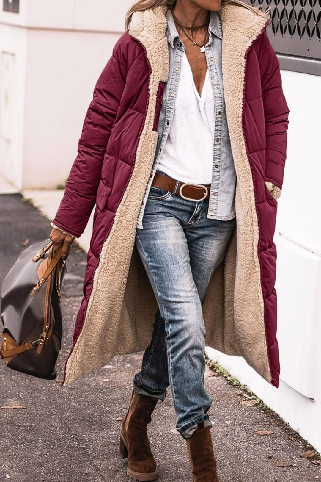 EB | Lange Pufferjacke mit Pelzfutter Polyester Warm und Trendy