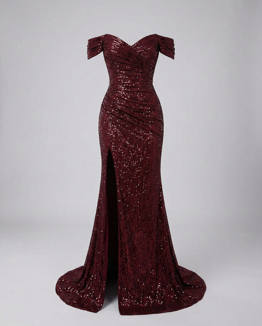 Glitzerndes Damen Abendkleid Schulterfreies Maxikleid mit Schlitz für Hochzeit & Fest | EB