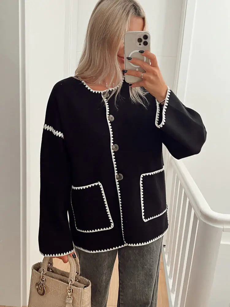 EB | cardigan - Herbst Kontrastbesatz Knopf-Cardigan
