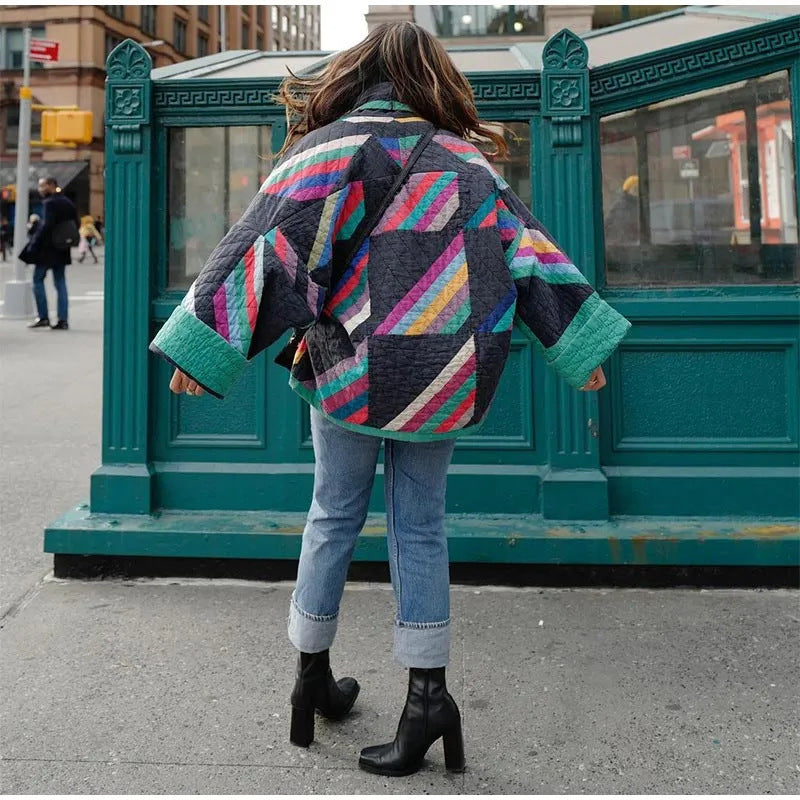 EB | Steppjacke - Übergroßer Schnitt - Geometrisches Muster - Offene Vorderseite mit Riemenverschluss