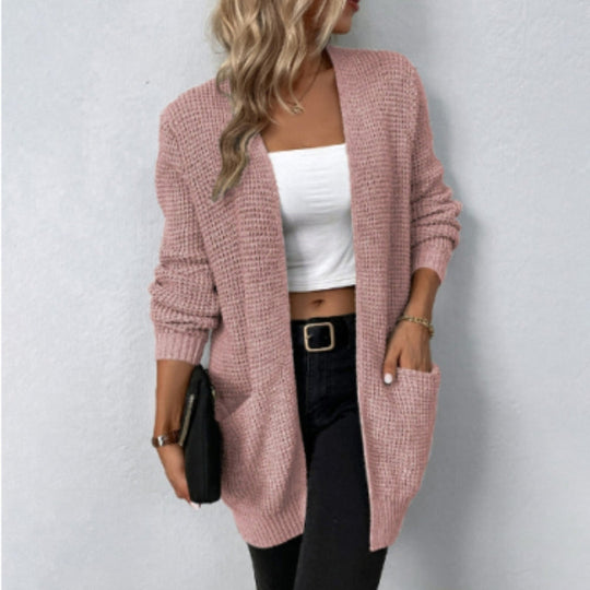 EB | Cardigan Lange Offene Front Gestrickte Textur Weiche Gerippte Kanten mit Taschen