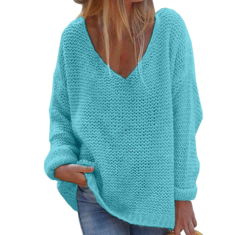 EB | Strickpullover Oversized Lockere Passform Weicher V-Ausschnitt Langärmlig Warm Komfort