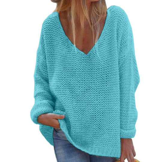 EB | Strickpullover Oversized Lockere Passform Weicher V-Ausschnitt Langärmlig Warm Komfort