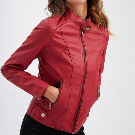 EB | Lederjacke - Slim Fit Biker Stil - Reißverschluss - Stehkragen - Lange Ärmel