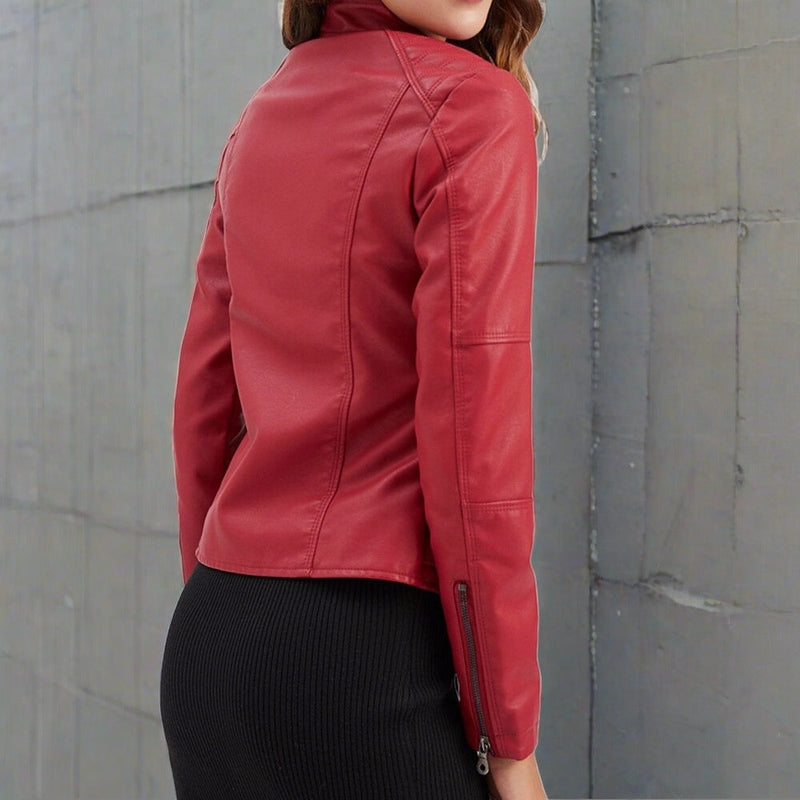 EB | Lederjacke - Slim Fit Biker Stil - Reißverschluss - Stehkragen - Lange Ärmel
