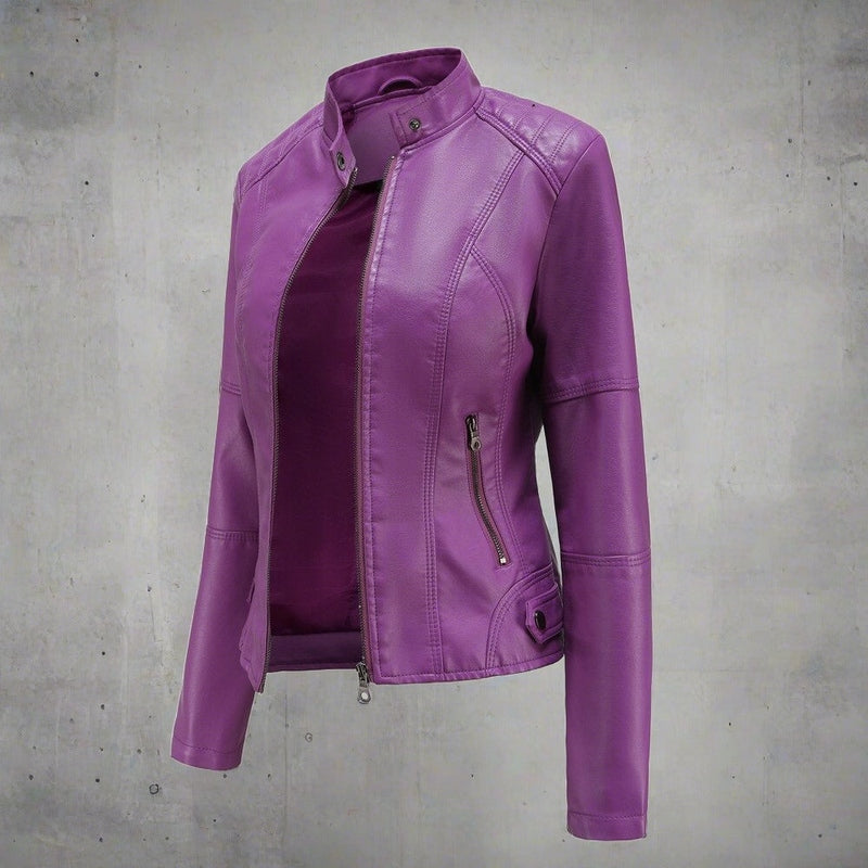 EB | Lederjacke - Slim Fit Biker Stil - Reißverschluss - Stehkragen - Lange Ärmel