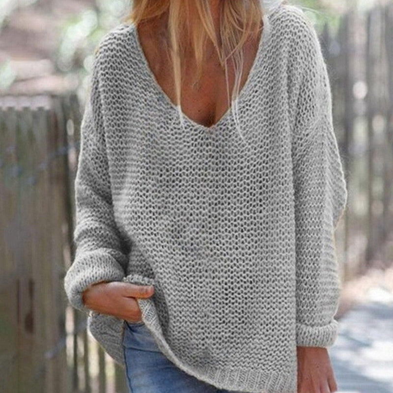 EB | Strickpullover Oversized Lockere Passform Weicher V-Ausschnitt Langärmlig Warm Komfort