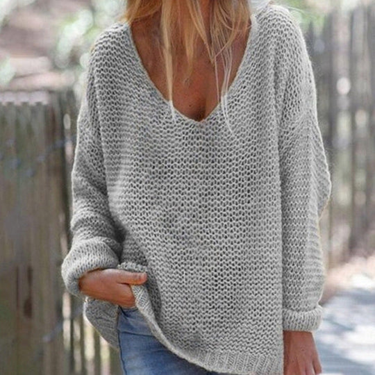 EB | Strickpullover Oversized Lockere Passform Weicher V-Ausschnitt Langärmlig Warm Komfort