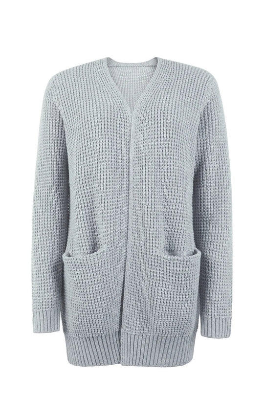 EB | Cardigan Lange Offene Front Gestrickte Textur Weiche Gerippte Kanten mit Taschen