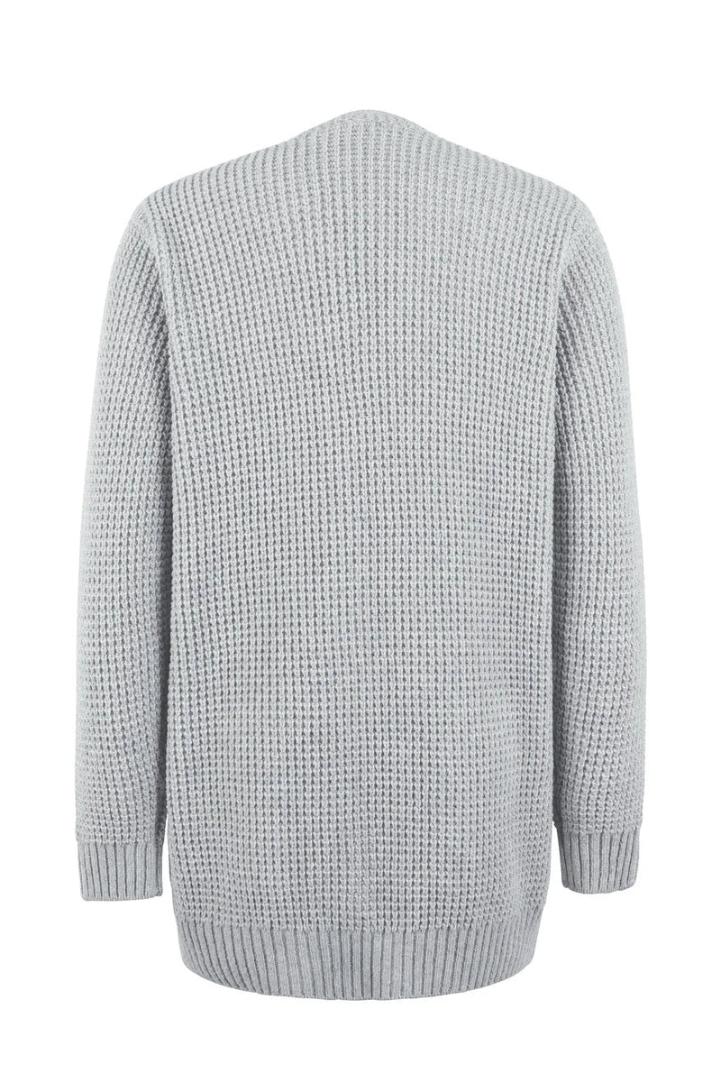 EB | Cardigan Lange Offene Front Gestrickte Textur Weiche Gerippte Kanten mit Taschen