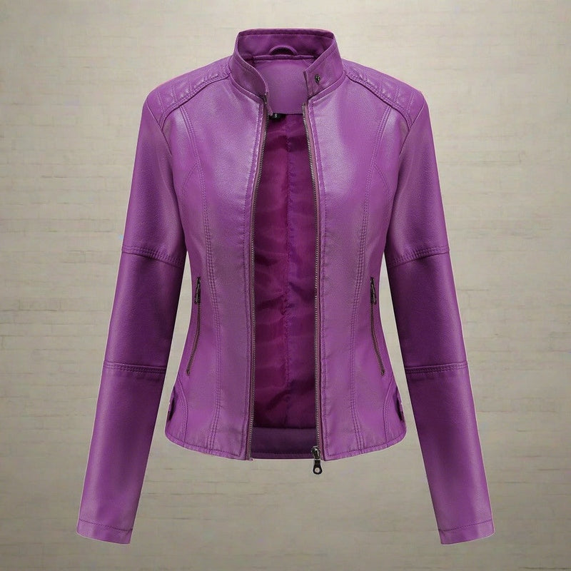 EB | Lederjacke - Slim Fit Biker Stil - Reißverschluss - Stehkragen - Lange Ärmel