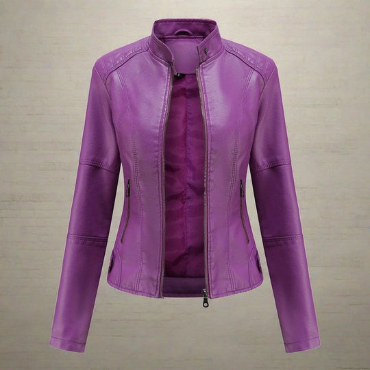 EB | Lederjacke - Slim Fit Biker Stil - Reißverschluss - Stehkragen - Lange Ärmel