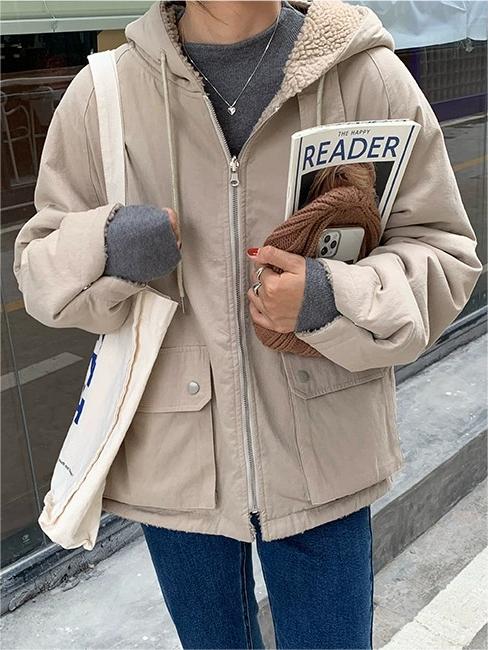 EB | Warme Oversized Damenjacke mit Kapuze - Fleece Parka