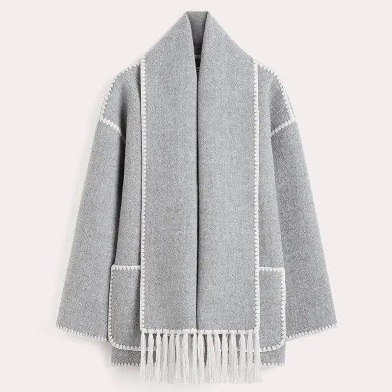 EB | Mantel Poncho-Stil - Oversized Passform - Wollmischung - Hoher Kragen - 3/4 Ärmel
