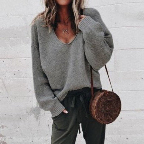 EB | Pullover - Damen Herbst Lockere V-Ausschnitt Gestrickter Pullover