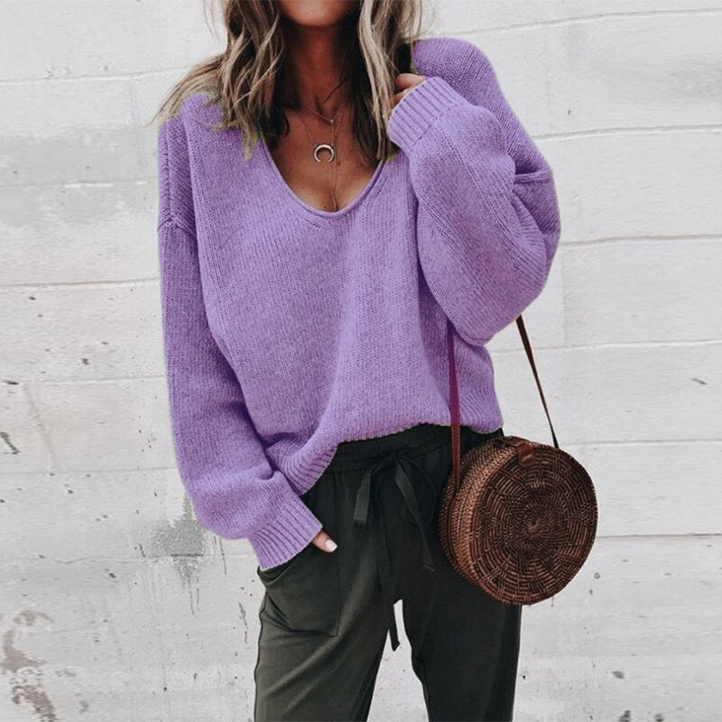 EB | Pullover - Damen Herbst Lockere V-Ausschnitt Gestrickter Pullover