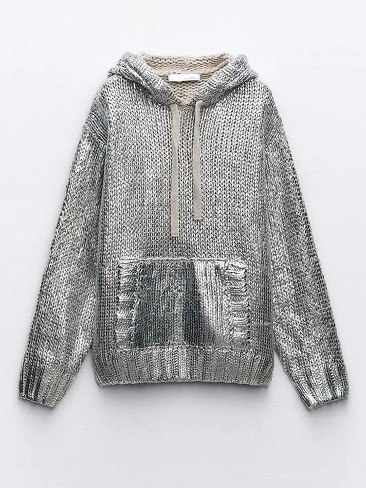 EB | Schicker Damen Kapuzenpullover mit Metallic Rippbesatz und Folie