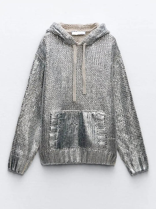 EB | Schicker Damen Kapuzenpullover mit Metallic Rippbesatz und Folie