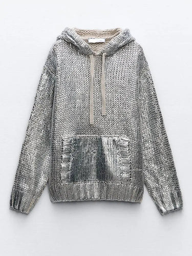 EB | Schicker Damen Kapuzenpullover mit Metallic Rippbesatz und Folie